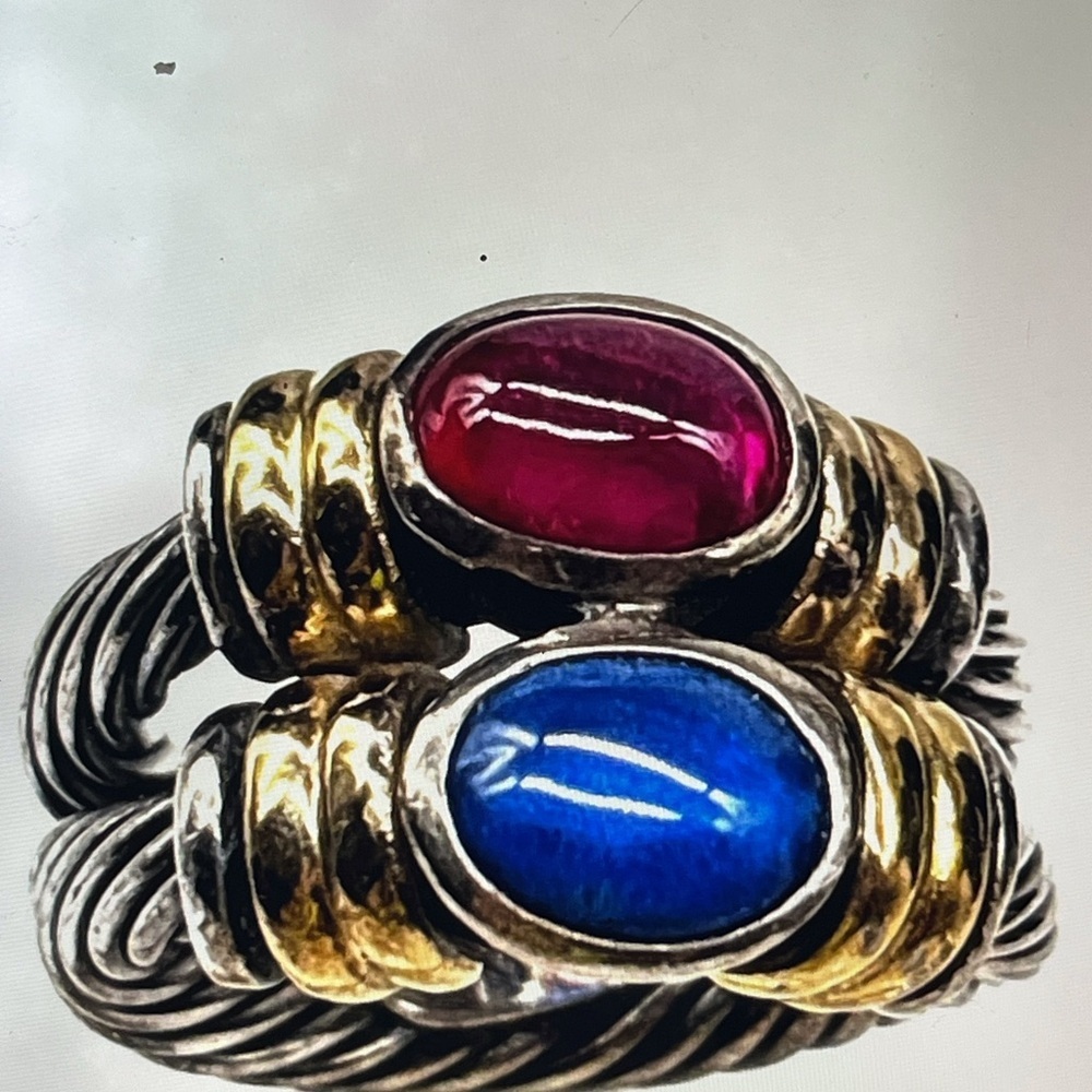 18K Yellow Gold and 925 Sterling Silver Ruby and Blue sapphire Cable Ring